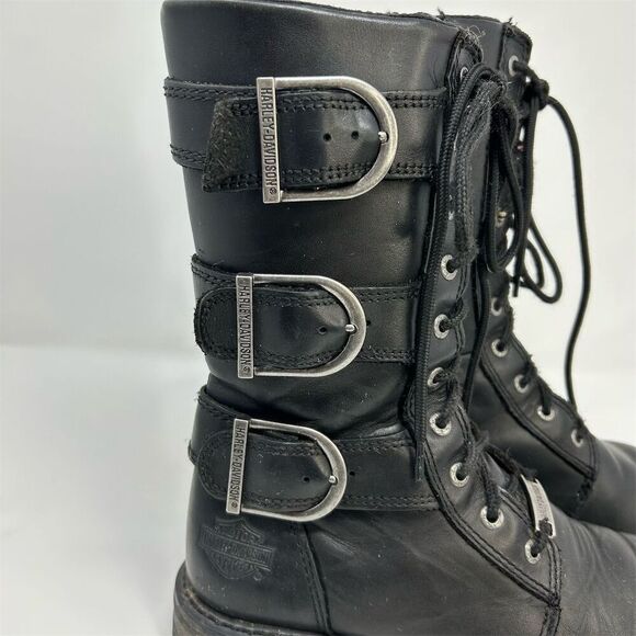 Harley-Davidson Moto Black Leather Lace-Up Riding Boots Size 6.5 Buckles - Picture 4 of 16